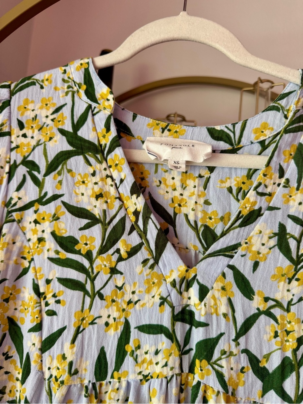 Tuckernuck Yellow Floral V-Neck Blouse with Green Leaf Print